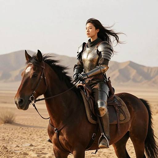 Photograph: Asian woman with long black hair, wearing silver medieval armor, riding a dark brown horse in a desert landscape with mountains in the background.