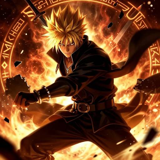 Dynamic anime-style digital artwork of a spiky-haired, fierce-looking male warrior in black, surrounded by intense, fiery flames, with glowing runes and a