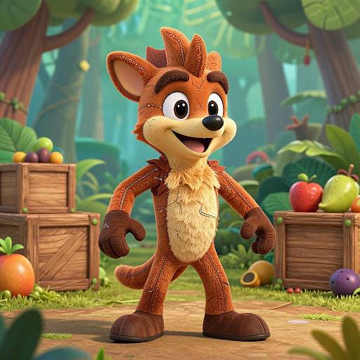 CGI cartoon of a cheerful, brown, anthropomorphic fox with a cream-colored chest, standing in a vibrant jungle, surrounded by colorful fruits and wooden