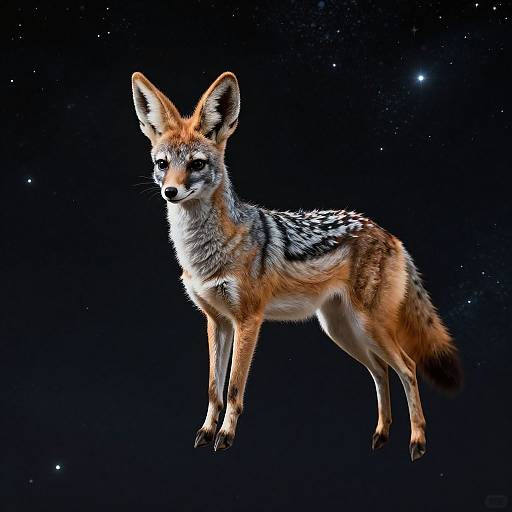 Photorealistic CGI of a red fox with sharp ears and black-and-white patterned back, standing against a starry black background.