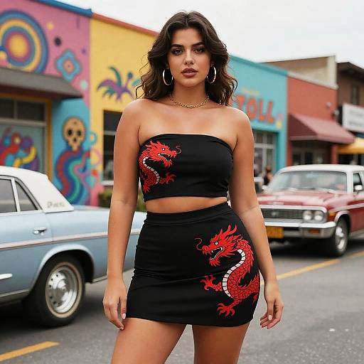 Photograph of a dark-haired woman with hoop earrings, wearing a black strapless crop top and skirt with red dragon embroidery, standing on a colorful street