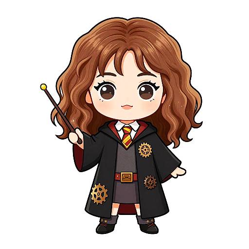Chibi-style drawing of a brown-haired girl in a black Hogwarts robe, holding a wand, with golden gear emblems, white background.