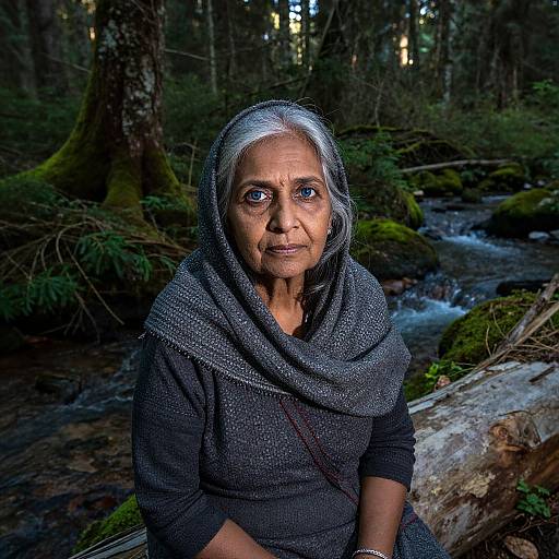 Photograph of an elderly Indian woman with gray hair, dark skin, and deep blue eyes, wearing a dark gray shawl, sitting in a moss