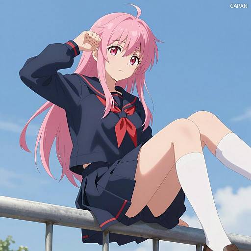 Anime Girl on Railing with Pink Hair