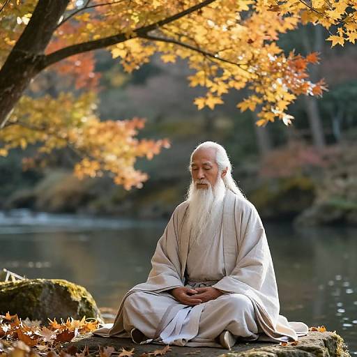 Photograph of an elderly man with a long white beard and robe, sitting by a serene lake, surrounded by autumn leaves and orange-yellow trees.