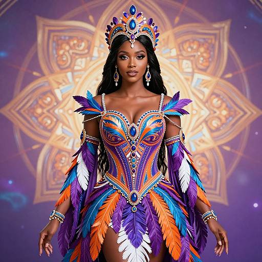 Photograph of a dark-skinned woman wearing a vibrant, ornate, purple, orange, and blue feathered costume with a crown, against a
