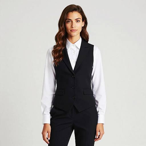 Photograph of a confident woman with long brown hair, wearing a black vest over a white shirt, standing against a plain white background.