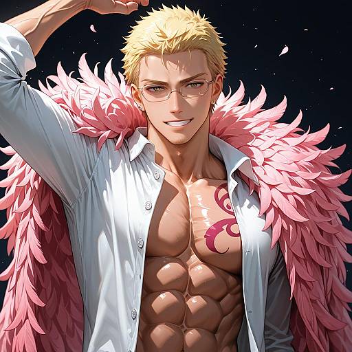 Illustration of Donquixote doflamingo, one piece in the style of Plum (arch)