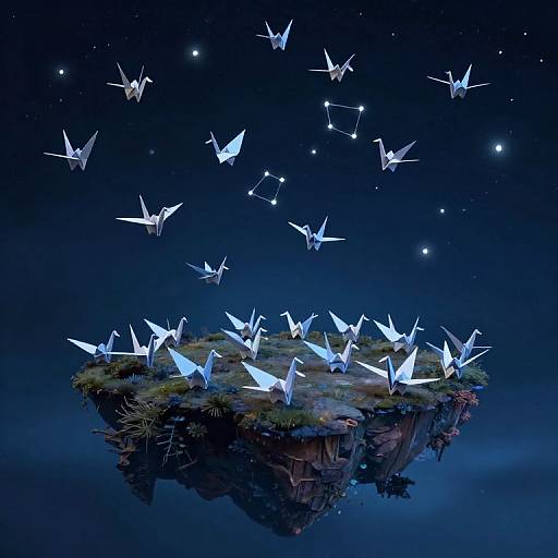 Digital artwork of glowing white birds on a floating, grassy island under a starlit, dark blue night sky.