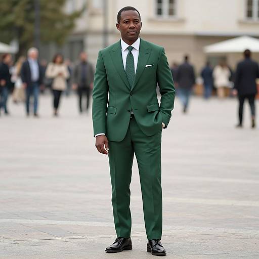 Photograph of a tall, Black man in a green suit, white shirt, and black tie, standing confidently in a busy urban square with blurred pedestrians