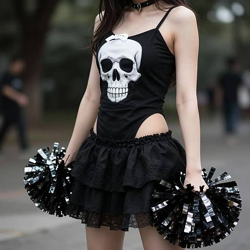 Photograph of a slender woman with pale skin wearing a black skull-print tank top, black lace skirt, and black pom-poms, standing outdoors in