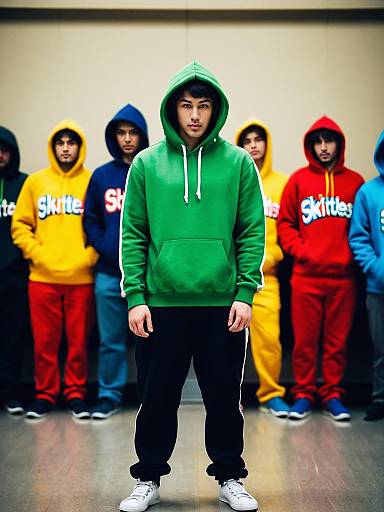 Young men wearing colorful Skittles hoodies