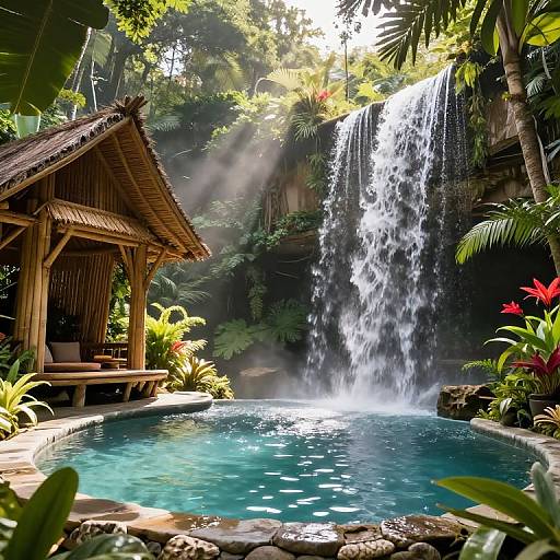 Photograph of a lush, tropical garden featuring a wooden gazebo beside a serene blue pool, with a cascading waterfall in the background. Sunlight