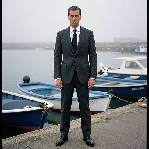 Photograph of a serious, dark-haired man in a gray pinstripe suit, white shirt, and black tie, standing on a dock by blue