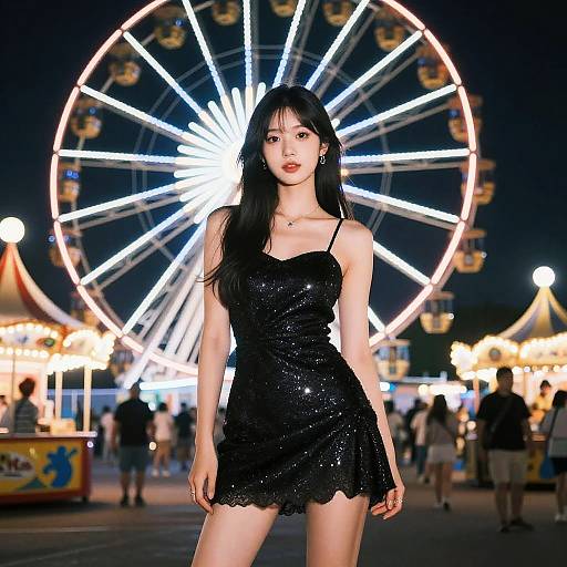 Asian woman with long black hair in a sparkly black dress, standing confidently in front of a brightly lit Ferris wheel at a nighttime carnival. Photograph