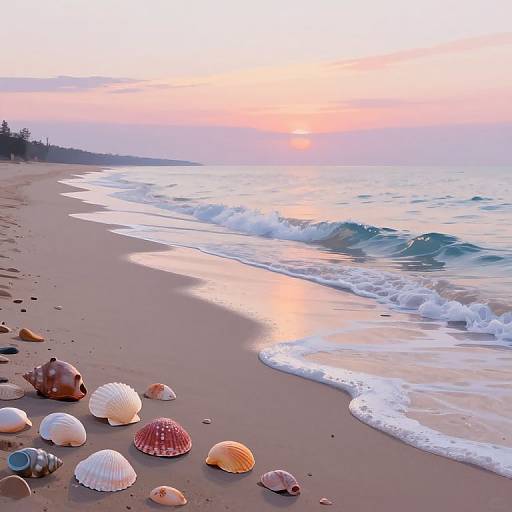 Photograph of a serene beach at sunset, featuring colorful seashells on the sand, gentle waves, and a pink-orange sky.