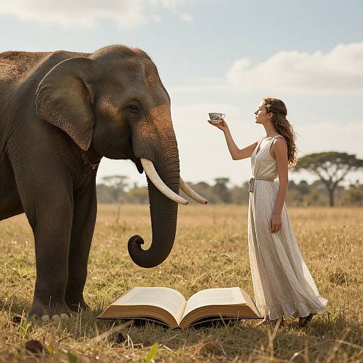 Photograph of a woman in a white dress offering water to a large elephant standing beside an open book on a grassy savanna.