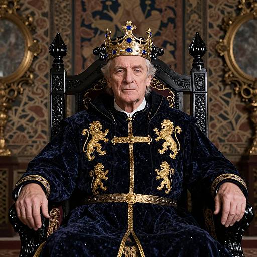 Photograph of elderly white male bishop in black velvet robe with gold lions, wearing ornate gold crown, seated on ornate black throne in richly