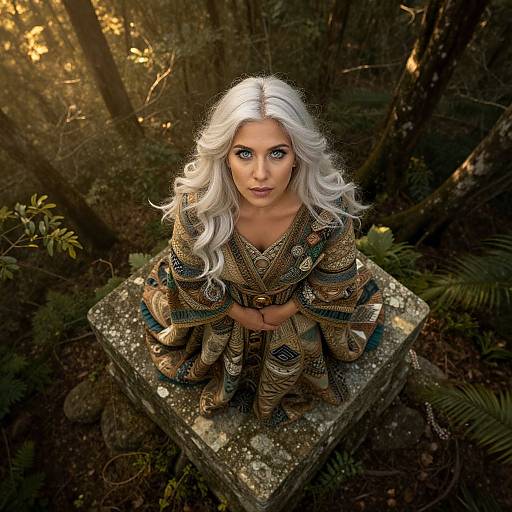 Digital photograph of a white-haired woman with striking blue eyes, wearing a gold and black patterned dress, sitting on a moss-covered stone in a sun