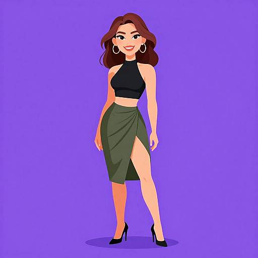 Digital illustration of a smiling, fair-skinned woman with wavy brown hair, wearing a black crop top, green high-waist skirt with a