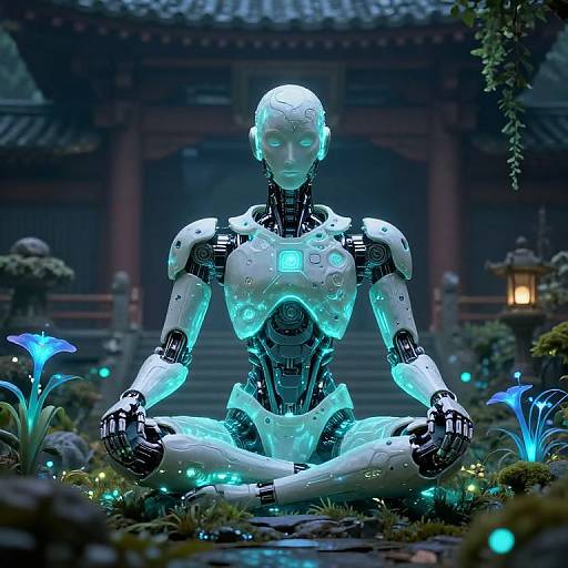 Photorealistic CGI of a glowing, blue-lit, humanoid robot in a meditative lotus position, surrounded by bioluminescent plants,