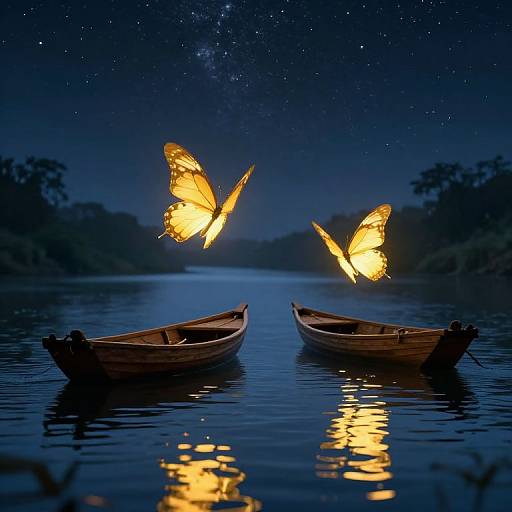 Photograph of two wooden rowboats on a calm, starlit lake at night, with two glowing orange butterflies flying above.