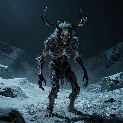 Digital artwork of a skeletal, horned monster with red eyes, standing in a snowy, mountainous night landscape, glowing blue light.