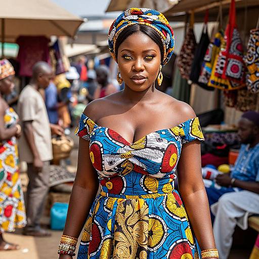 Photograph of a beautiful Black woman in a vibrant, colorful African dress with floral patterns, standing confidently in a bustling market.