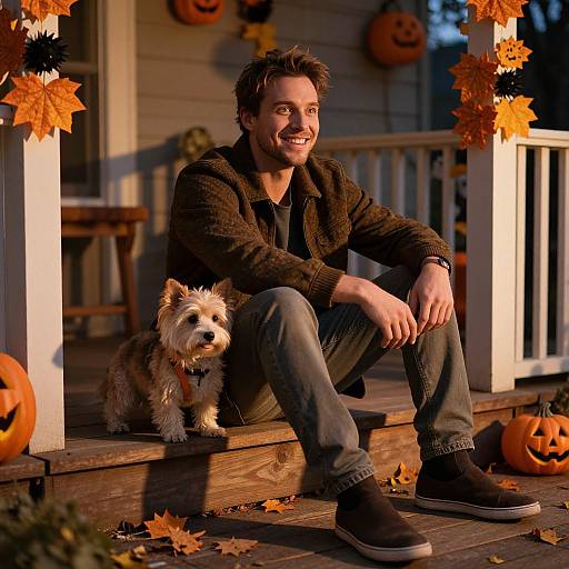 Photograph of a smiling man with short brown hair, wearing a dark jacket and jeans, sitting on a porch with a small, fluffy dog, surrounded