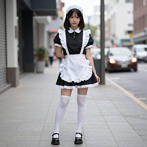 Photograph of an Asian woman in a black and white French maid outfit standing on a city sidewalk, blurred background of buildings and cars.