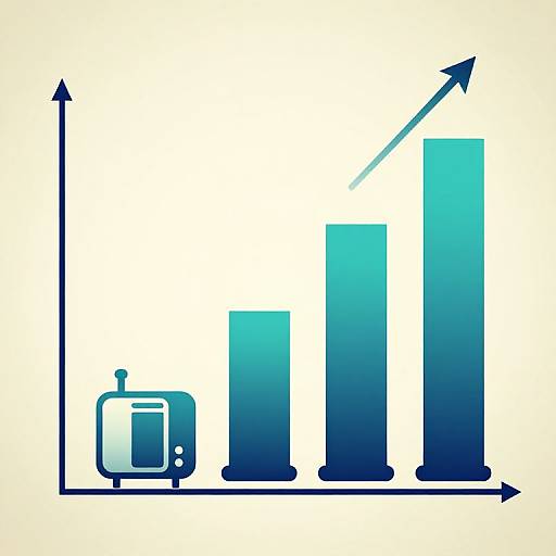 Digital graphic of a blue gradient bar chart with three increasing bars, topped by an upward arrow, and a small TV on the left.