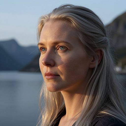 Photograph of a blonde woman with fair skin and blue eyes, gazing thoughtfully into the distance, illuminated by soft evening light, with a blurred