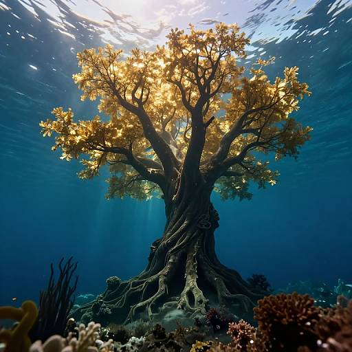 Underwater photograph of a glowing, golden-leaved tree with intricate roots, surrounded by coral and marine life, bathed in sunlight.