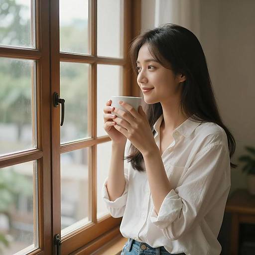 Woman Drinking Coffee by Window
