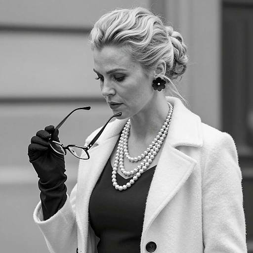 Elegant Blonde Woman in White Coat with Pearls