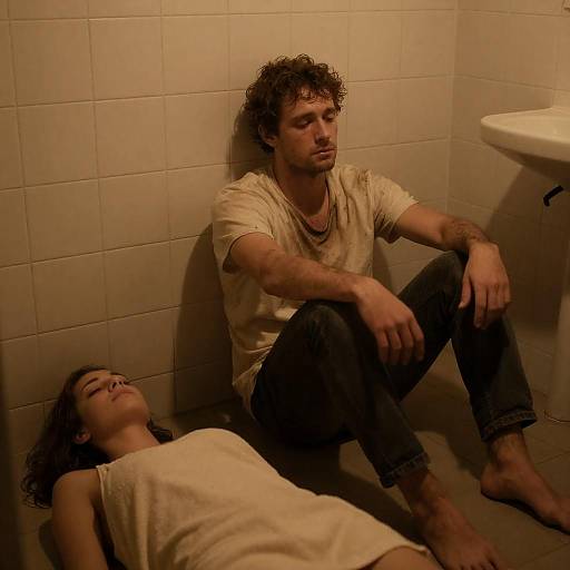 Dimly Lit Bathroom with Tired Man and Woman