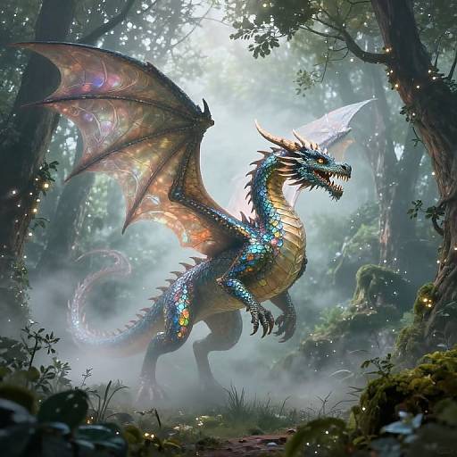 Digital fantasy artwork of a glowing, iridescent dragon with rainbow wings and sharp horns, standing in a misty, enchanted forest.