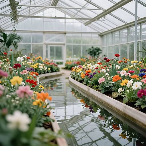 Photograph of a vibrant greenhouse with a reflective water channel, lined with colorful flower beds featuring red, yellow, white, and pink blooms under a glass