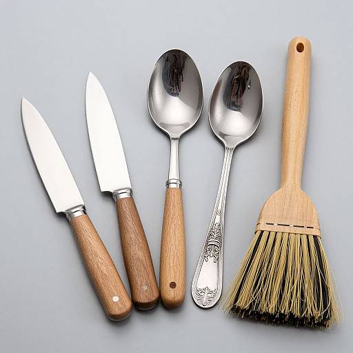 Photograph of five kitchen utensils: two knives, two metal spoons, and a wooden-handled brush with yellow bristles, on a light