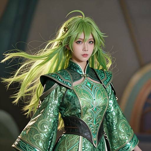 Digital artwork of a green-haired anime woman in an elaborate, green and black, ornate armor-like dress with intricate patterns, standing against a blurred,