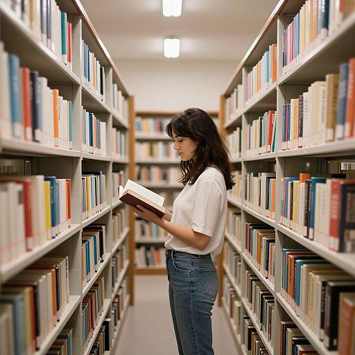 Photograph of a young woman with medium-length dark hair, wearing a white t-shirt and blue jeans, browsing books in a brightly lit library aisle.