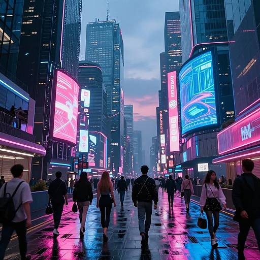 Neon-lit urban street scene at dusk, crowded with pedestrians, colorful neon billboards, wet pavement reflecting bright lights, modern skyscrapers.