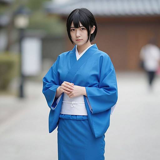 Realistic Girl in Blue Kimono Outdoors