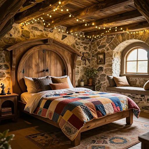 Cozy rustic bedroom with wooden bed, colorful patchwork quilt, stone walls, arched window, string lights, and wooden ceiling beams.