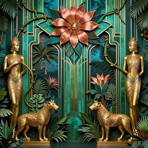 Digital artwork of two golden statues flanking a large lotus flower, with a golden lion in front, amidst lush green foliage. Art Deco style