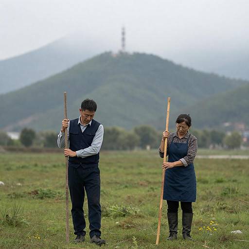 Farmers in a Misty Meadow Landscape