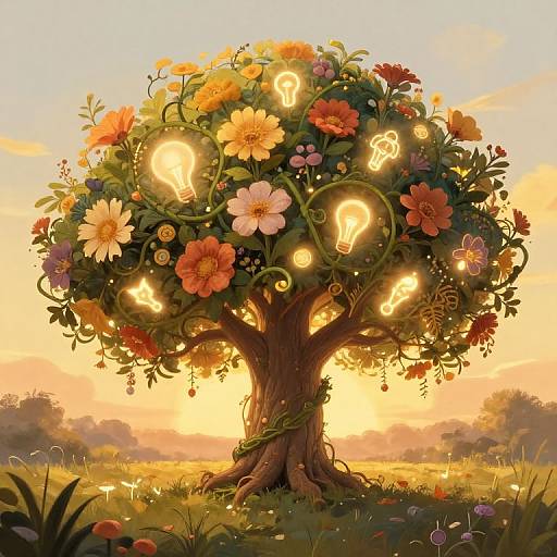 Digital illustration of a magical tree with glowing light bulbs among vibrant flowers, set against a golden sunset in a grassy field.