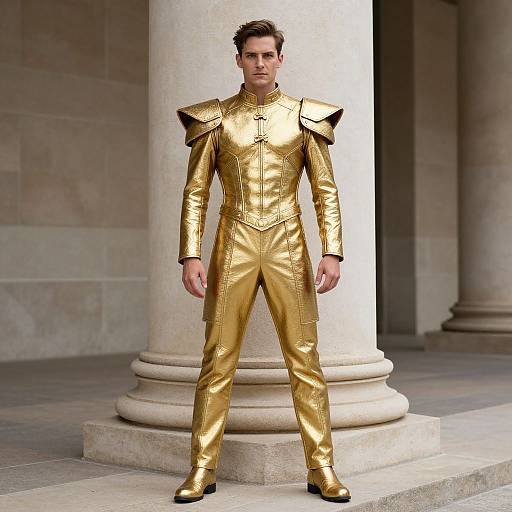 Photorealistic CGI image of a man in a shiny, gold, military-style suit with black shoulder accents, standing in front of a stone column.