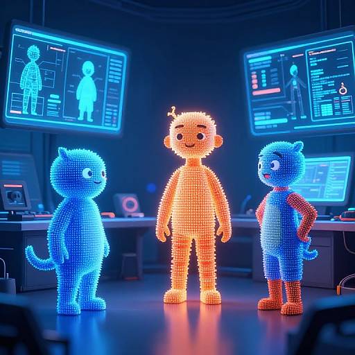 Digital CGI image of three neon-colored, pixelated anthropomorphic cat figures in a futuristic lab, surrounded by glowing blue holographic screens.