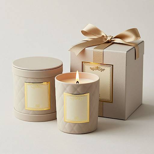 Photograph of a lit, beige, textured candle and matching jar with gold labels, beside a boxed gift adorned with a gold ribbon.
